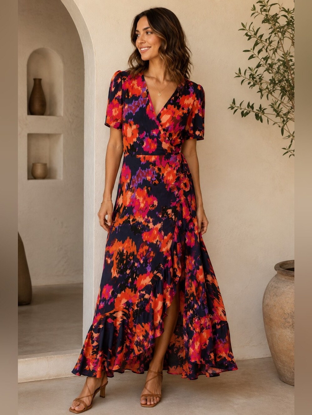 PRETTYGARDEN Floral Wrap Maxi Dress Women’s Small V-Neck Short Sleeve Boho